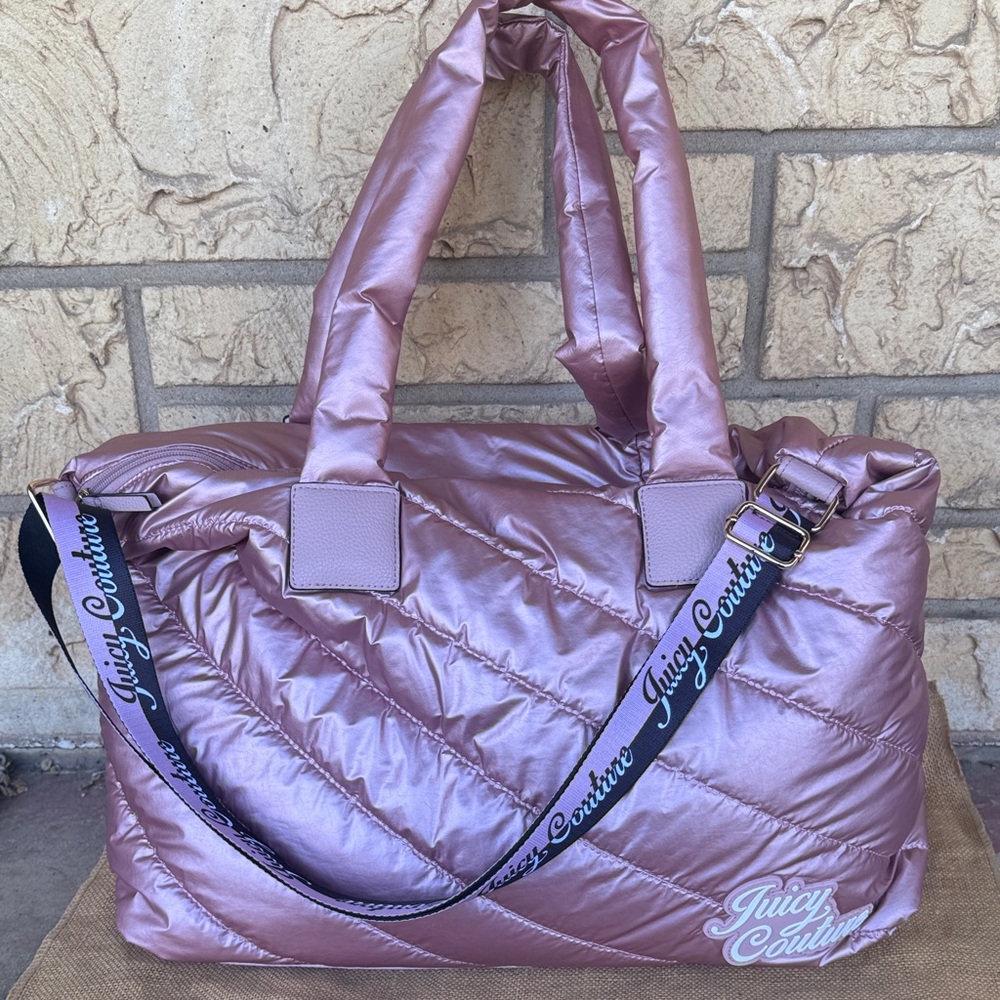 Juicy Couture Metallic Rose Quilted Tote Bag Snow Bunny Weekender Bag Luggage Lg - Picture 9 of 14